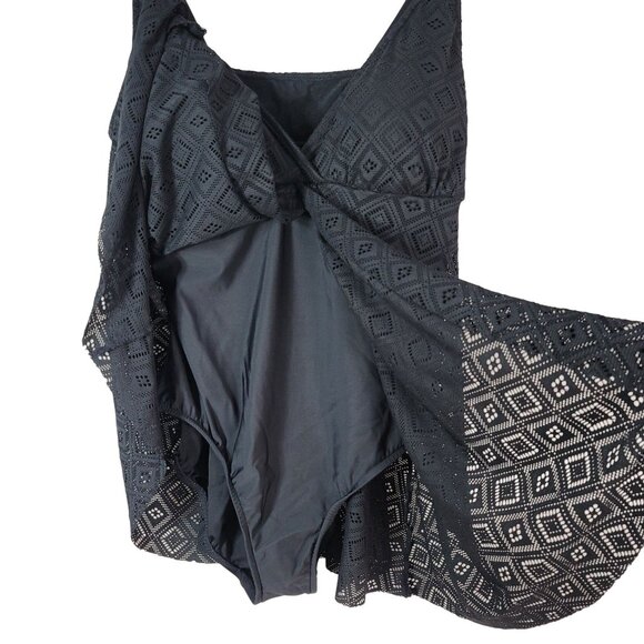 A&H Sportswear Swim Dress Black Plus 22W Crochet Adj Padded One Piece Swimsuit - Picture 3 of 9